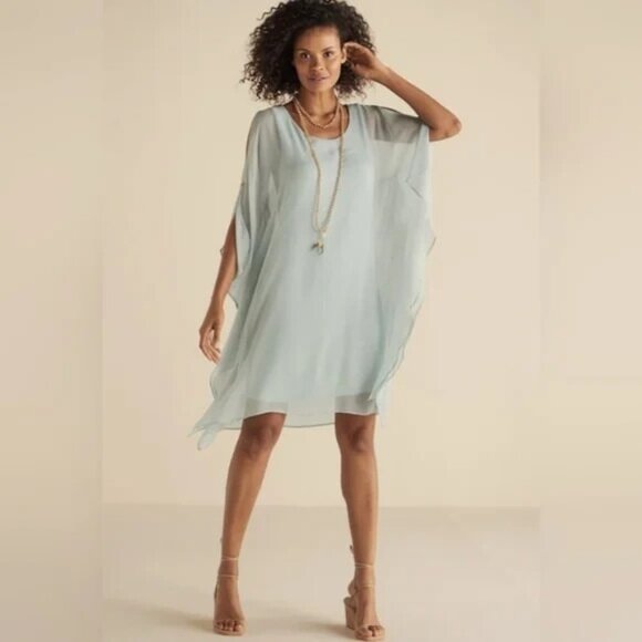 Soft Surroundings Dress Women Extra Large Petite Morlaix Sage Green Silk Chiffon - Picture 2 of 11